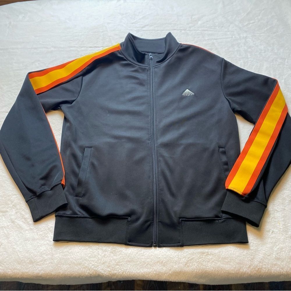 Black Pyramid Track Jacket Black With Orange Yellow Arm Stripes Size Medium